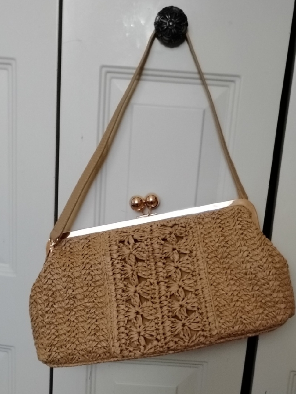 Tan Woven Crochet Clutch with Kiss-Lock Frame